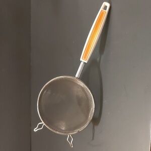 Vintage Ekco Small Metal Hand Strainer White & Orange Handle
